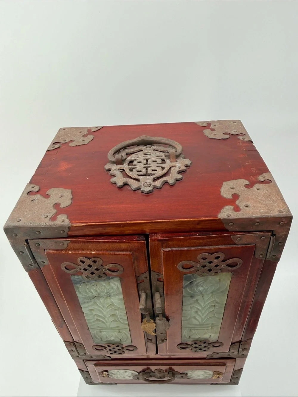 Antique-Style Red Wood Jewelry Cabinet with Jade Inlay - Unbranded